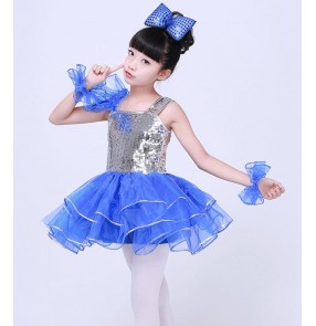 Silver sequins paillette  royal blue patchwork girls kids school play children stage performance jazz dj singer hip hop dance dresses outfits